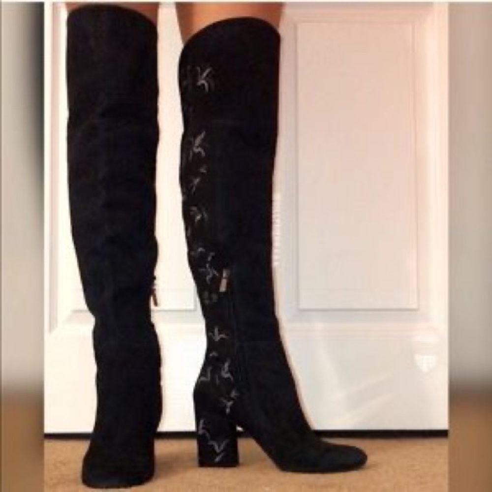 Sexy Knee High Boots Black Flower Embroidery Claire Womens Size 8.5 - Picture 14 of 16